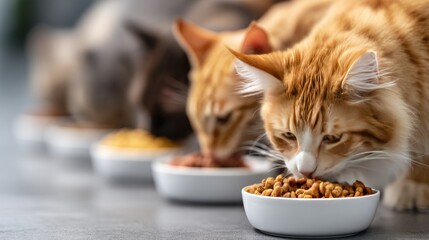 Line of cats happily enjoying their meals together in an animal cafe setting with natural light
