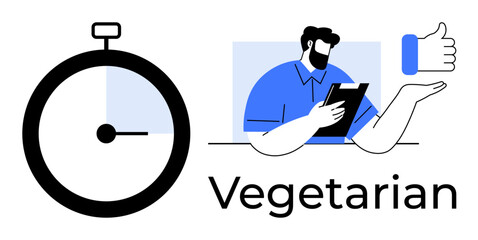 Timer next to person with clipboard and thumbs-up gesture. Ideal for healthy eating, time management, vegetarianism, decision-making, lifestyle tracking, diet planning, simple flat metaphor