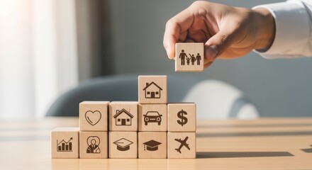 Hand Placing Family Icon Block on Life Protection Tower Representing Health, Home, Finance, and Security, Concept of Life Insurance and Financial Planning for Family Safety