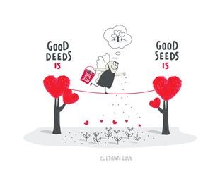 Vector cartoon sketch of Angel who plants trees of love and cultivate love. Self-Love, Mental Health, and positive Psychotherapy. Concept of care, philanthropy and support. Good deeds is good seeds.