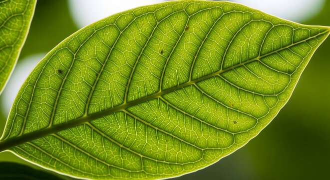 Close-up of a green leaf showing intricate vein patterns, representing growth, nature, and vitality, ideal for botanical or ecological themes - Powered by Adobe