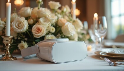 Virtual reality headset on elegant wedding reception table with flowers and candles. VR tech aids event planners visualize venue setup, decor, and guest seating arrangements for clients.