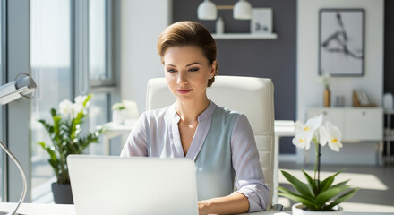 Professional woman wearing a pastel blouse and light natural makeup sitting at a desk with a laptop in a modern minimalist office environment, captured in bright clean lighting for a fresh business l