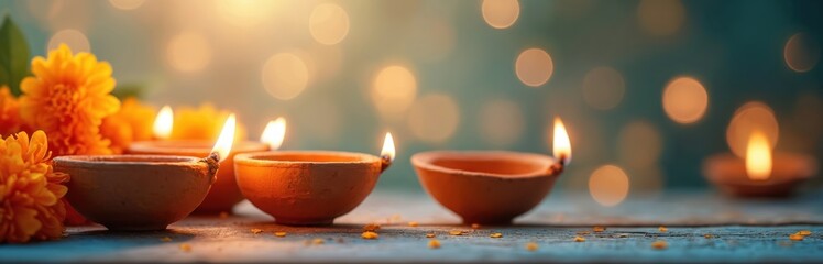 Clay diyas and marigold flowers glow on a rustic wooden table. Warm light illuminates the serene scene, perfect for festive Indian celebrations and cultural events.