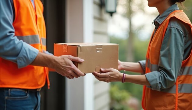 Delivery person gives package to client at home entrance. Two people exchange parcel at doorstep. Courier service makes express delivery to customer address. Logistics fulfills order request.