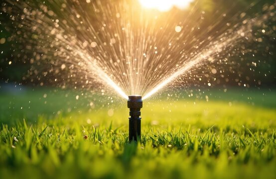 Sprinkler sprays water on green lawn grass. Water droplets sparkle in sunlight. Irrigation system watering garden during sunny day. Gardening eco concept. Summertime.