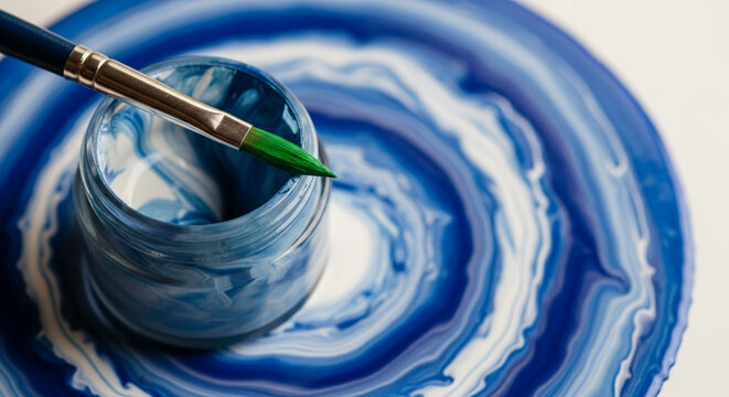 Close-up of paint brush, jar, and blue swirl paint, creating abstract design, representing creative process, art, painting, and artistic expression