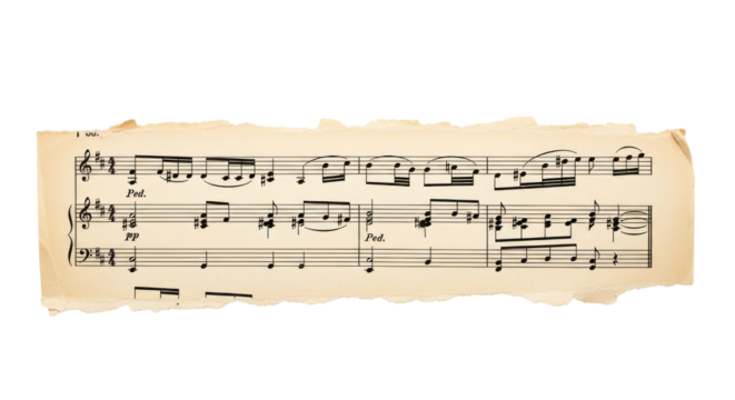 Vintage Sheet Music Excerpt on Torn Aged Paper with Musical Notes