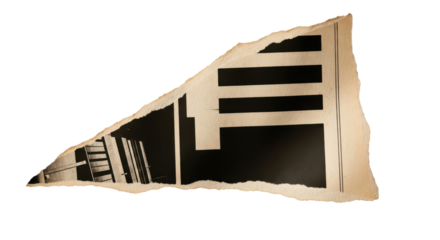 Old torn newspaper piece showing architectural images and black geometric shapes in a vintage style