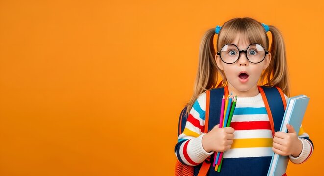 kid back to school Shocked and adorable schoolgirl with pigtails and round glasses, carrying her backpack and books, looking utterly surprised against a bright orange background, ready for learning