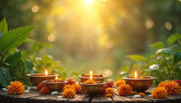 Oil lamps with flowers on wood surface in morning sun light. Peaceful, serene scene with green plants and bokeh background. Spiritual, religious, meditative mood setting. - Powered by Adobe