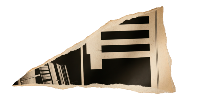 Old torn newspaper piece showing architectural images and black geometric shapes in a vintage style