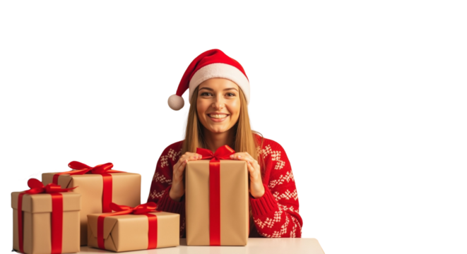 Young woman in Christmas sweater and Santa hat preparing holiday gifts and smiling on transparent background.