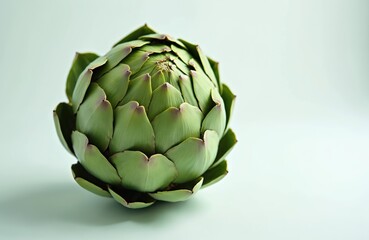Fototapeta premium Fresh whole artichoke with layered green leaves. Its unique shape and texture are visible. This healthy vegetable is ready for culinary use. Good for diet or cooking.