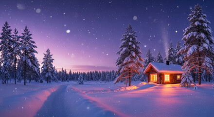 Fototapeta premium Snowy landscape featuring a cabin with glowing windows surrounded by pine trees, representing winter warmth, nature retreat, and tranquil escape