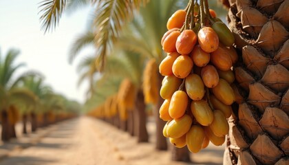 Close view shows date palm tree with fresh fruits in plantation. Rows of date palms stretch to horizon. Agriculture field with exotic asian crop. Plantation scenery at sunny day. Palm tree.