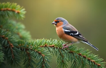 Fototapeta premium Male chaffinch perches on a pine branch. Small bird with orange chest and grey head has dark wing markings. Feathered creature sits in natural green forest habitat.
