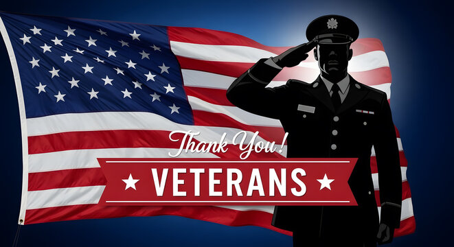 Silhouette of a soldier saluting the american flag with text thanking veterans