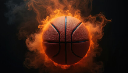 Fototapeta premium Orange basketball surrounded by glowing orange smoke against black background. Intense action and competition implied. Dynamic sports visual.