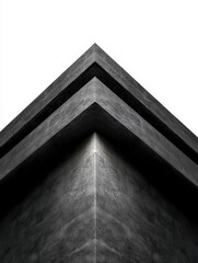 Minimalist abstract low-angle composition of dark concrete structure against white background