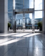 Modern glass building entrance with strong sunlight reflections on polished floor