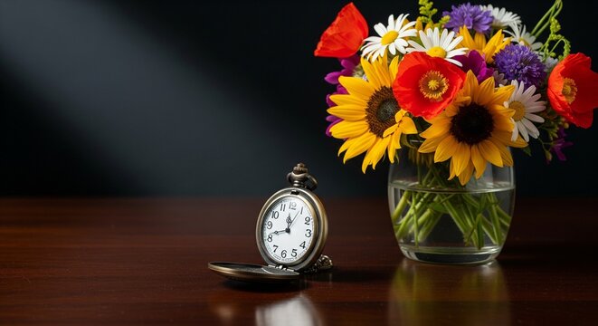 A vibrant bouquet of sunflowers, poppies, and daisies in a glass vase next to an open vintage pocket watch on a dark wooden table.