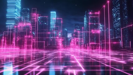 Futuristic neon city with digital network lines - Powered by Adobe