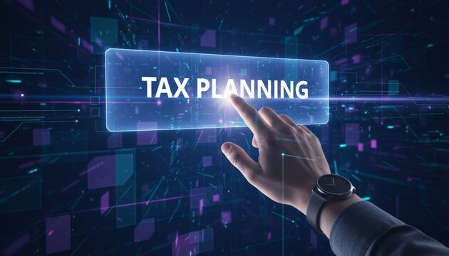 Hand selecting tax planning on a futuristic digital interface, representing modern financial strategies, accounting services, and strategic wealth management using advanced technology