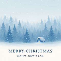 Fototapeta premium Winter Christmas Landscape with Snowy Forest and Cozy Cabin Greeting Card