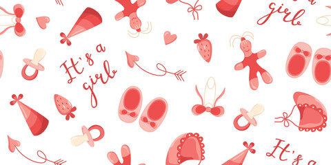 Seamless pink pattern for baby gender reveals. An elegant vector design featuring baby booties, hats, and pacifiers.