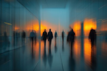 Crowd of blurred people figures moving through high-tech corporate lobby, evening tones with reflections, futuristic architecture