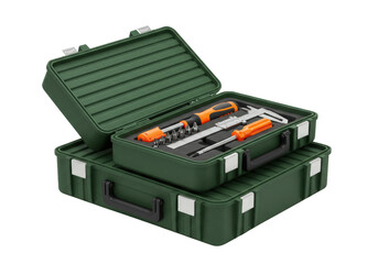 Isolated tools kit in green cases for instrument storage and measurement in the workshop