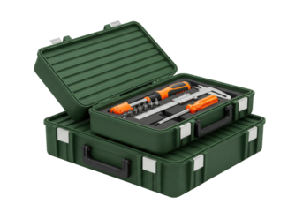 Isolated tools kit in green cases for instrument storage and measurement in the workshop
