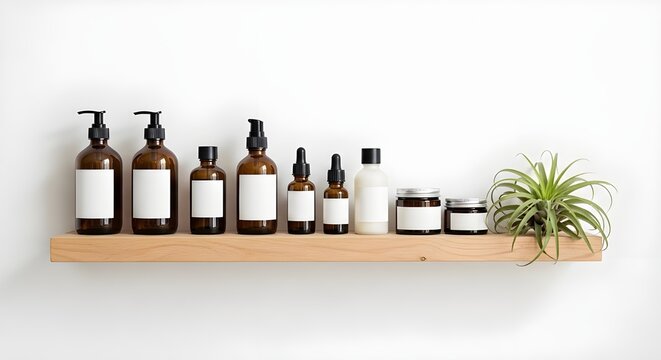 Minimalist cosmetic collection on a wooden bathroom shelf.