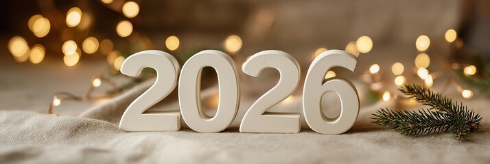 White wood 2026 numbers on linen surface, surrounded by golden fairy lights and sprigs of pine