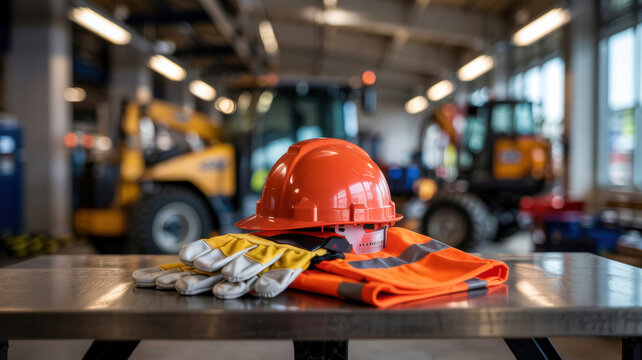 A photo of protective equipment on a construction site on a metal table. The blurred background of the equipment, the concept of safety and employee training.