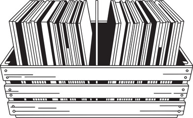 Crate filled with upright vinyl record album covers vector illustration storage box