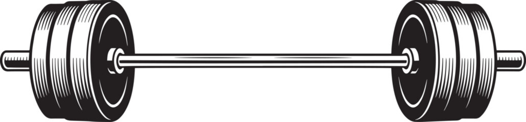 Heavy weight barbell fitness gym equipment vintage engraved illustration style black white line art vector graphic.