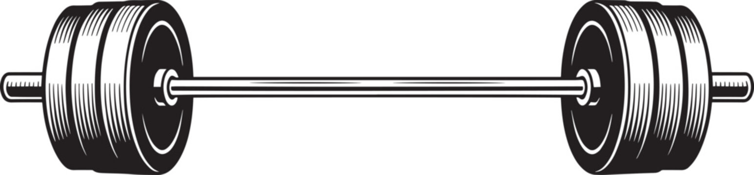 Heavy weight barbell fitness gym equipment vintage engraved illustration style black white line art vector graphic.