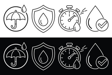 Waterproof and water-resistant line icons set on a white and black background