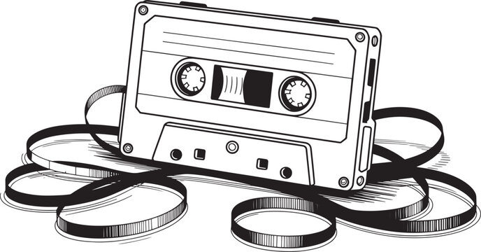 Old fashioned analog cassette tape with tangled magnetic ribbon recording storage medium vintage style vector.