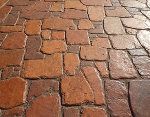 Textured stamped concrete floor shows irregular reddish brown blocks, offering rugged look. Durable decorative pavement surface mimics natural flagstone, rustic cobblestone, ancient stone tiles