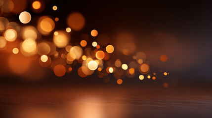 Abstract warm bokeh lights glowing softly against a dark blurred background with reflective surface and scattered circular shapes