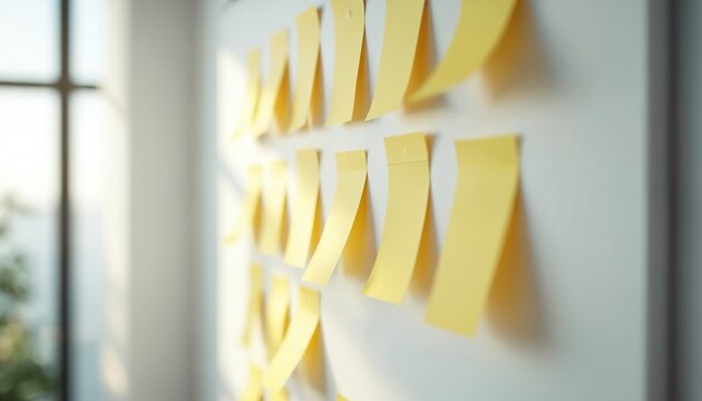 Yellow sticky notes attached to a white board in office setting. Visual represents planning, ideas, and teamwork. Notes organized for strategy and project development.
