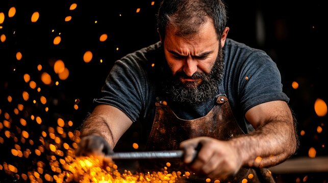 Blacksmith focuses intently while forging metal amidst flying sparks within a dark workshop environment.