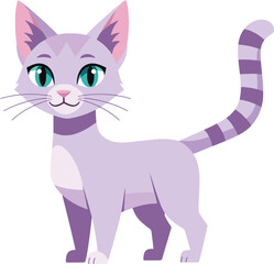 a stylish lavender purple cat with striking turquoise eyes and a striped tail, standing and looking forward.