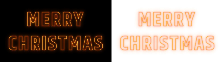 Merry Christmas glowing neon text design in orange on black and white background, festive holiday typography for modern celebrations