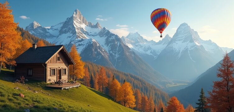 Scenic view of a wooden cottage on a mountain slope with trees and snow-capped peaks. Colorful hot air balloon floats over the landscape on a sunny day.
