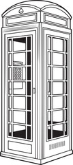 Traditional british red telephone kiosk public communication box line art vector illustration sketch engraving style.