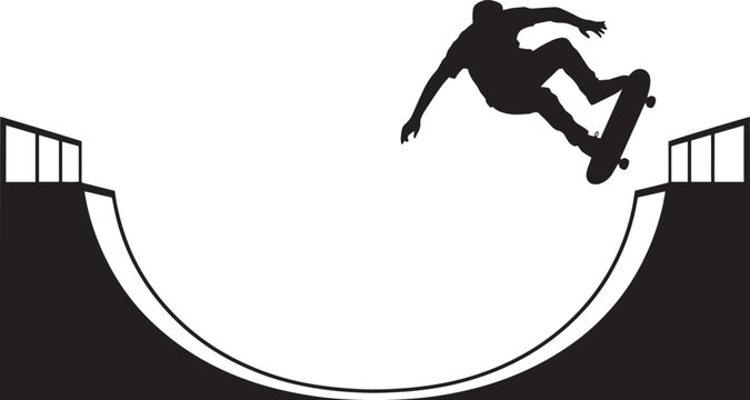 Skateboarder silhouette performing aerial trick over halfpipe ramp sports action vector illustration